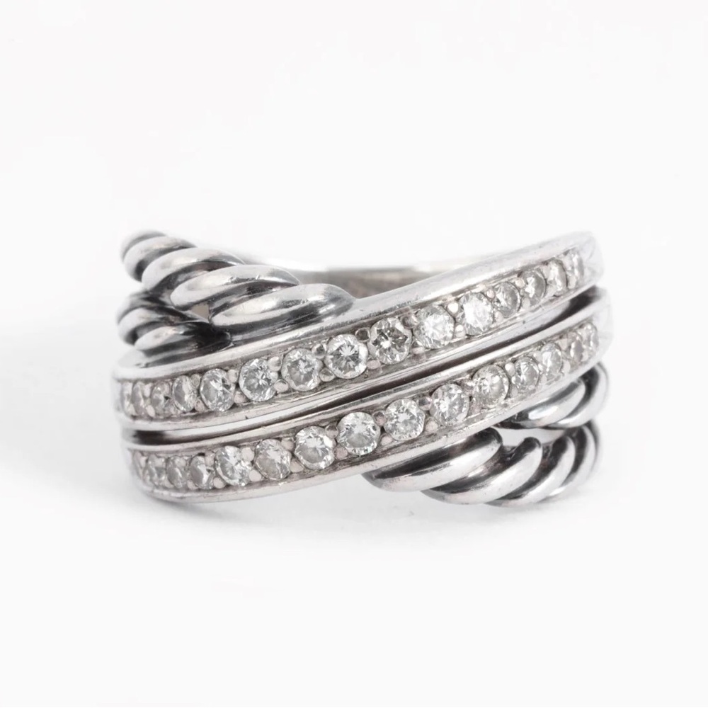 David Yurman Diamond Double Row Crossover Ring Silver Size 6